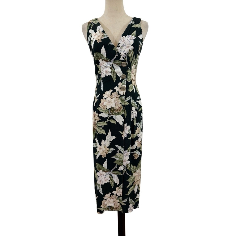 Vtg 90s All That Jazz Dark Green Wrap Dress Tropical Floral Midi‎ Xs Friends
